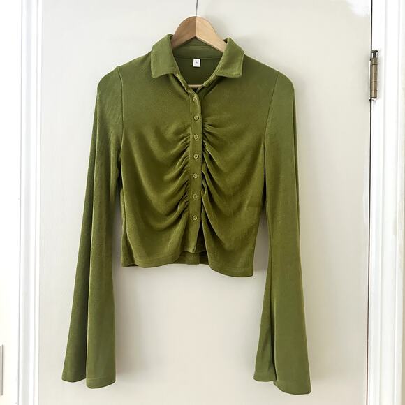 Ruched Button Front Bell Sleeve Blouse Sz XL - Picture 1 of 4